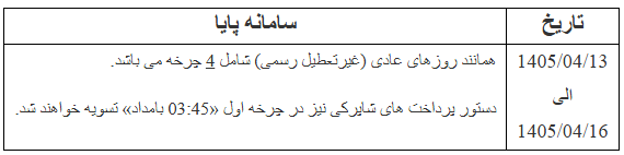 ساعات کاری سامانه پایا در ایام برگزاری مراسم رهبر شهید